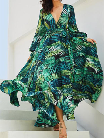 Maxi Robe en Mousseline Imprimé Feuilles Tropicale Fluides Vert Bohème